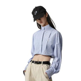 Stand Collar Long Sleeve Striped Short Shirt